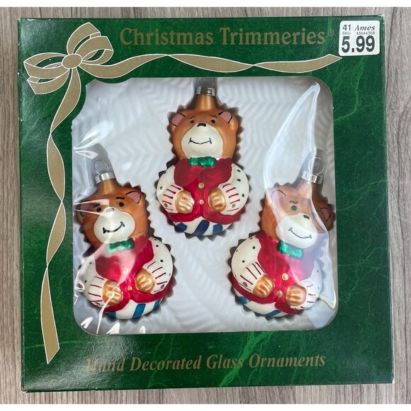Vintage Christmas Trimmeries  glass ornaments Hand Decorated Bear Bow tie - Picture 3 of 9